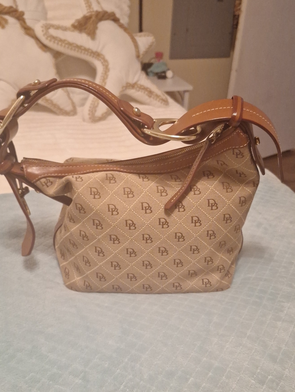 Dooney & Bourke Beige Monogram Shoulder Bag with Tan Leather Trim